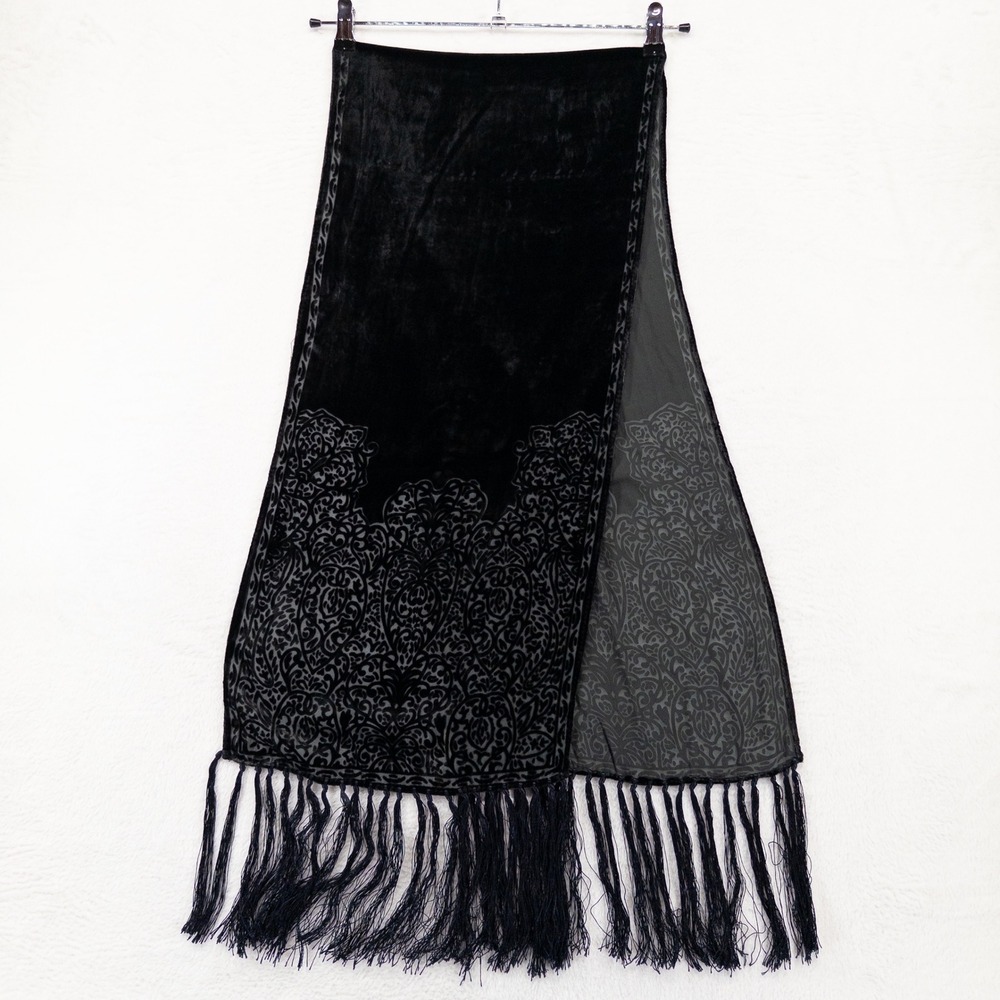 Talbots Womens Scarf Wrap Black Silk Blend Velvet Burnout Fringe Whimsigoth NEW